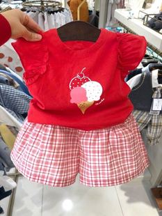韩国潮童装 夏女童宝宝红色飞袖短袖T恤 格子短裤洋气套装