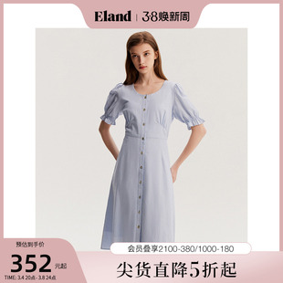 eland衣恋连衣裙女极简风圆领，泡泡袖收腰显瘦裙子裙子女