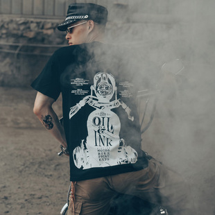 西海岸阿美咔叽复古骷髅头T恤短袖男嘻哈欧美风摇滚摩托机车朋克
