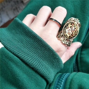 网红韩版时尚欧美复古豹纹宝石，镂空花纹个性潮人夸张食指戒指环女