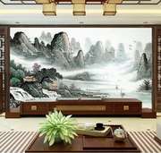 8D电视背景墙新中式壁画水墨山水画墙纸客厅沙发影视装饰大气