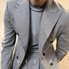 灰色条纹西装男修身复古双排扣英伦商务正装，那不勒斯休闲外套单西