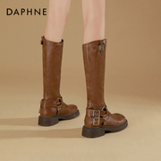 达芙妮棕色靴子女长筒靴2023秋冬季西部牛仔，靴高筒长靴骑士靴