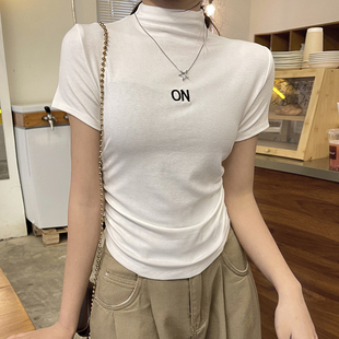 韩版白色字母刺绣半高领短袖t恤女夏季小个子不规则下摆上衣