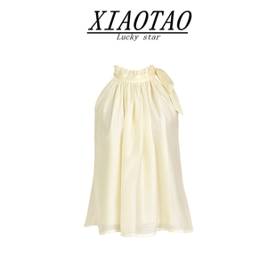 xiaotao法式系带蝴蝶结挂脖衬衫女夏设计感宽松气质无袖雪纺上衣