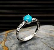 民族松石泰银戒指原创设计开口可调精致小巧复古雕花藏银女士指环