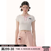 ziziFei春夏季美式复古蝴蝶结绑带半袖芭蕾风设计感上衣短袖T恤女