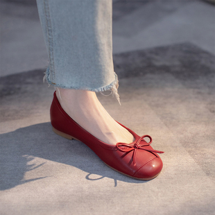红色单鞋女奶奶鞋圆头平底春夏芭蕾舞鞋软底蝴蝶结婚鞋小红鞋瓢鞋