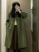 绿色大衣女秋冬季高级感2023小个子中长款赫本风毛呢外套
