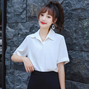 衬衣女夏2024韩版宽松套头方领工作服，气质职业短袖雪纺白衬衫