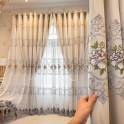 欧式现代水溶绣花窗帘成品，双层布纱一体遮光卧室，高档客厅阳台落地