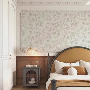 法式美式中古风复古素描，丛林老虎植物墙纸卧室，背景墙壁纸墙布壁画