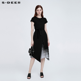 sdeer圣迪奥时尚收腰小众设计雪纺拼接撞色OL连衣裙女夏S21281215