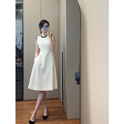 夏季高档优雅气质白色长裙收腰女人味，通勤a版无袖纯色连衣裙