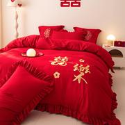 韩版风结婚大红色床品四件套荷叶花边，被罩床裙款四季通用磨毛喜被