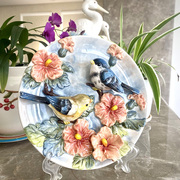 陶瓷双鸟木槿花挂盘圆形装饰盘赠支架可作为摆件，座盘可挂起作壁挂