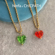葡萄牙ninfa手工琉璃红色绿色，爱心项链女毛衣链，小众原创可爱配饰