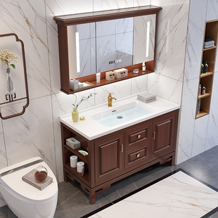 美式轻奢岩板实木浴室柜组合现代简约卫浴玻璃门洗手脸盆洗漱台盆