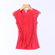 H6-4夏季小码女大红色上衣压褶圆领弹力修身显瘦纱质拼短袖T恤衫