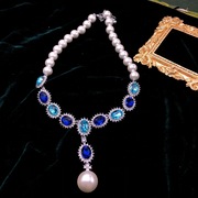 欧美珍珠蓝色宝石钻项链女轻奢小众百搭锁骨，链常规毛衣链