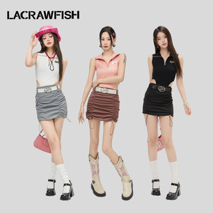 lacrawfish美式辣妹复古小心机，腰部镂空抽褶针织拼接无袖连衣裙