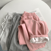设计感捏褶高腰哈伦卫裤女秋季粉红色宽松大码运动裤美式宽松长裤