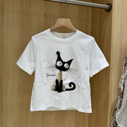 小版T恤 珍珠小猫图案短袖上衣女夏小个子高腰短款打底衫YOYO9338