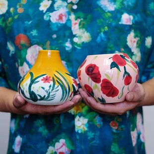 美国AN陶瓷手绘釉下彩艺术手捏花瓶/摆件创意手作花器
