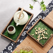 日式绿色海棠压花玻璃茶盘茶托家用复古茶杯托盘实木平盘收纳盘子