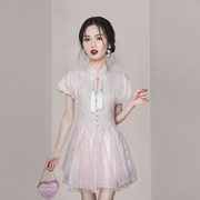 新中式国风高端精致连衣裙2024夏季小个子气质漂亮粉色短裙子