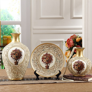 创意陶瓷花瓶三件套摆件欧式奢华复古客厅家居装饰工艺品摆设