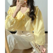 奶黄色长袖衬衫女春季法式复古娃娃领上衣，设计感小众奶甜衬衣