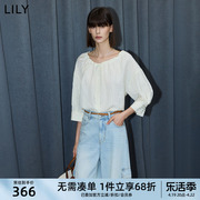 lily2024夏女装(夏女装)设计感抽绳通勤宽松垂坠感肌理感五分袖白衬衫