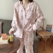 韩国INS家居服粉红兔卡通纯棉宽松长袖睡衣套装女潮