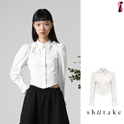 shiitake诗塔克设计师，品牌白色立领，蝴蝶结下摆不规则衬衫