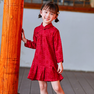 儿童旗袍2024春秋季长袖红色中国风连衣裙女童礼服蕾丝公主裙