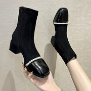 小香风时装靴女侧拉链瘦瘦靴珍珠拼接方头粗跟中跟黑色仙女风短靴