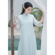 初蝉新中式国风旗袍，2023年夏季改良宽松长款连衣裙，禅意茶服女
