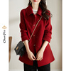 红色双面绒羊毛大衣中长款2022年秋冬红色法式毛呢子(毛呢子)女装外套