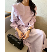 韩国chic春季减龄香竽紫双层海军领设计宽松泡泡袖百褶连衣裙长裙