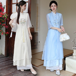 中国风茶服夏季超大码，女装刺绣新中式，仙气飘逸旗袍改良连衣裙