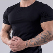 肌肉男棉质弹力短袖男夏季纯色运动t恤定制图案，健身吸汗圆领t恤