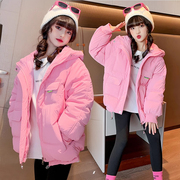 女童粉色棉衣2023冬装韩版中大童加厚连帽中长款棉袄棉服外套