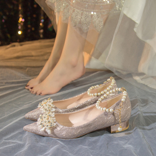 法式水晶婚鞋2024秀禾主，婚纱两穿新娘鞋日常配裙子气质高跟伴娘鞋