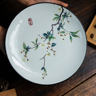 中式赏盘陶瓷装饰盘子客厅摆盘坐盘，摆件圆盘家用瓷盘挂盘墙饰支架