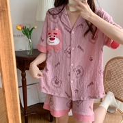 玫红色草莓熊睡衣女夏季短袖梭织棉2023年可爱卡通家居服套装