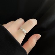 交叉珍珠戒指女小众设计高级感S925纯银指环轻奢素圈开口可调节韩