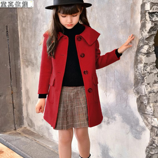 女童红色双面羊绒呢大衣外套韩版加厚娃娃领洋气公主风小女孩童装