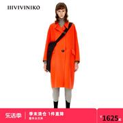 设计师 IIIVIVINIKO冬橘红色绵羊毛双面呢廓形长大衣