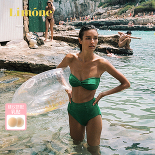 limone2024褶皱纽结抹胸，款高腰分体泳衣女性感，显瘦沙滩比基尼